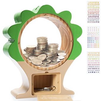 Wooden Tree-Shaped Piggy Bank: Cute, Unbreakable, Clear Sides, Perfect for Kids Adults, Great Gift