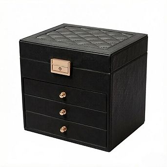 ZUQIETA Lockable Leather Jewelry Box with 3 Drawers, Black Large-Capacity Organizer