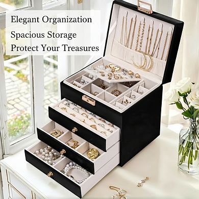 ZUQIETA Lockable Leather Jewelry Box with 3 Drawers, Black Large-Capacity Organizer