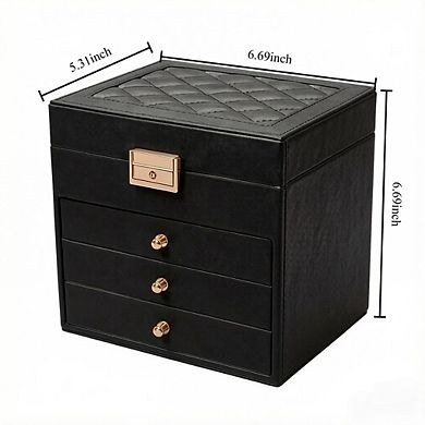 ZUQIETA Lockable Leather Jewelry Box with 3 Drawers, Black Large-Capacity Organizer