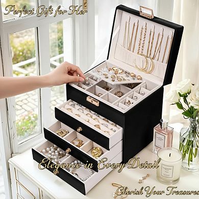 ZUQIETA Lockable Leather Jewelry Box with 3 Drawers, Black Large-Capacity Organizer