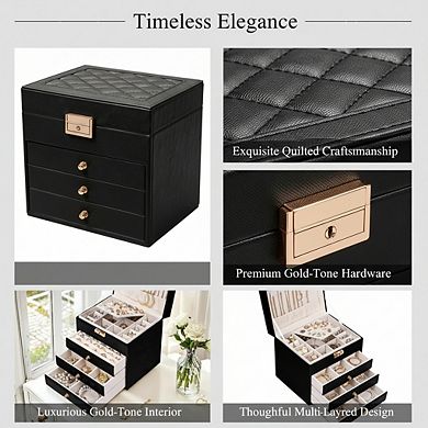 ZUQIETA Lockable Leather Jewelry Box with 3 Drawers, Black Large-Capacity Organizer