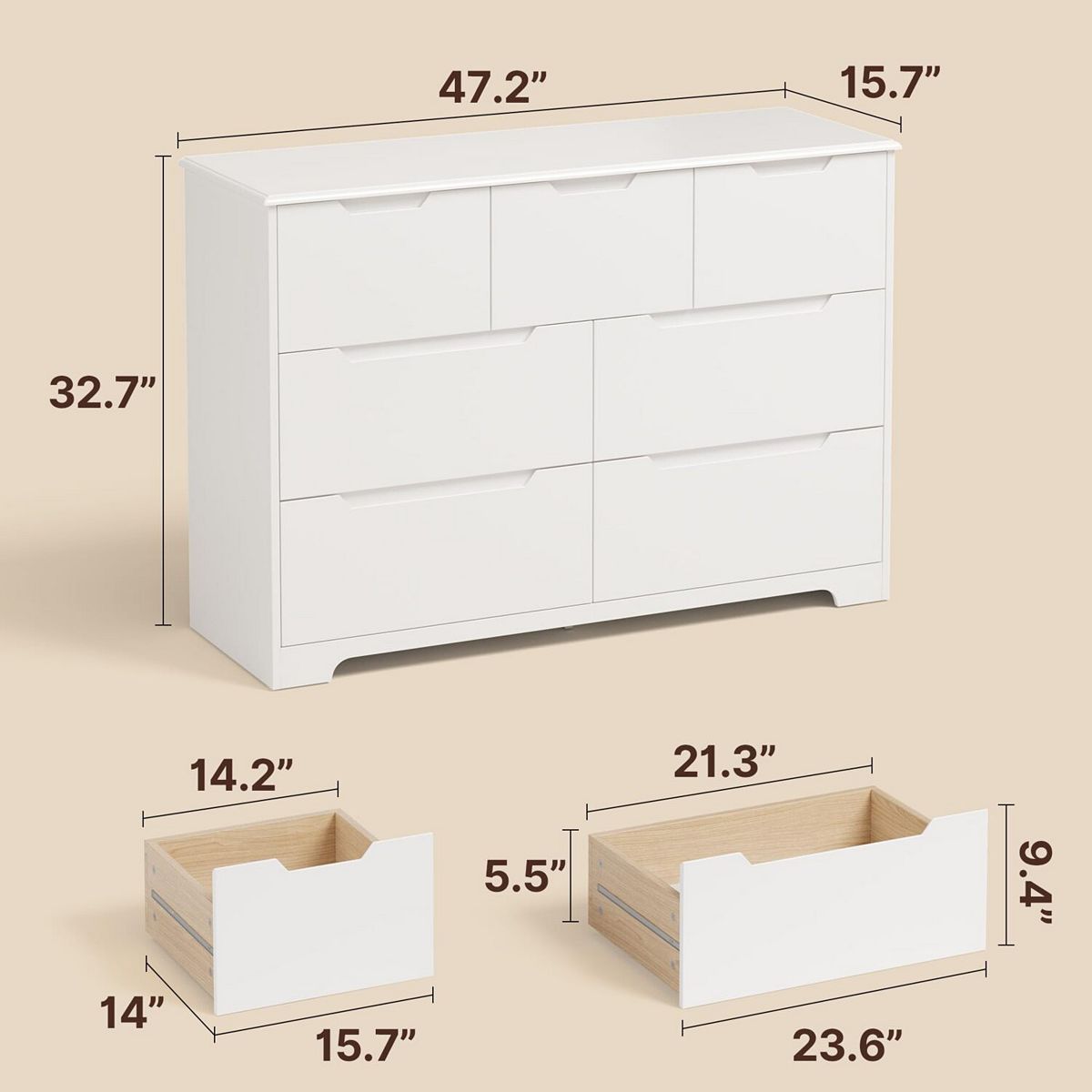White 7-drawer storage cabinet with open compartments and two small front drawers