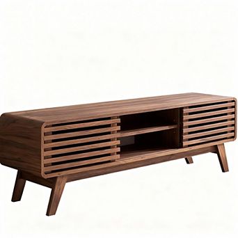 Mid-Century Modern TV Stand with Slatted Doors and Adjustable Shelves