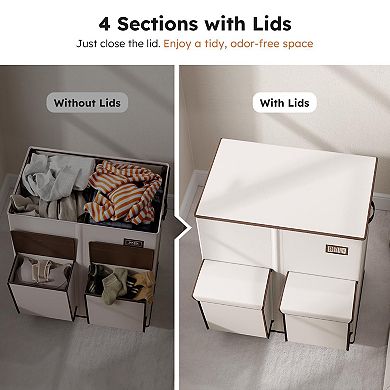 4-Section Laundry Hamper, Lid, Removable Bags, Sturdy