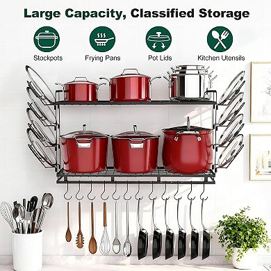 Adjustable 22"-30" Length, 3-Level Pot Rack with 12 Hooks & 8 Lid Holders