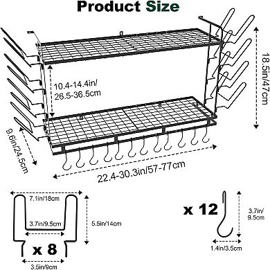 Adjustable 22"-30" Length, 3-Level Pot Rack with 12 Hooks & 8 Lid Holders