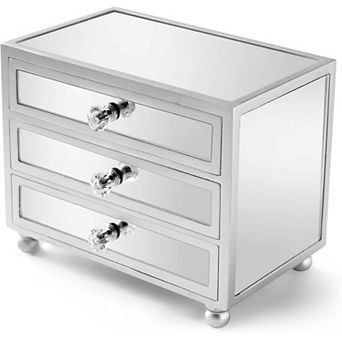 ZUQIETA 3-Layer Glass Jewelry Box with Mirror, Silver Organizer for Women & Girls