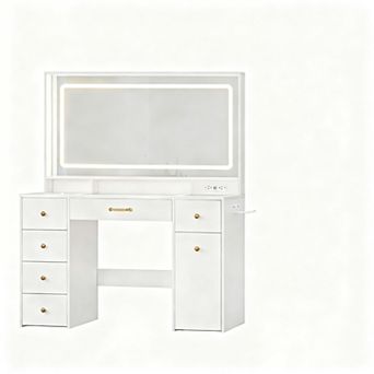 49.3" LED Mirror Vanity Desk 6 Drawers Power Outlet Glass Top