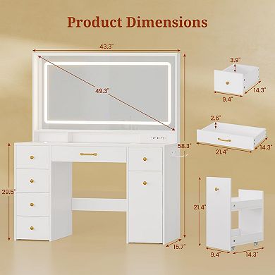 49.3" LED Mirror Vanity Desk 6 Drawers Power Outlet Glass Top
