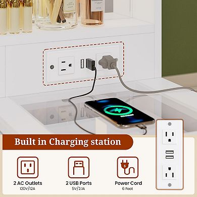 49.3" LED Mirror Vanity Desk 6 Drawers Power Outlet Glass Top