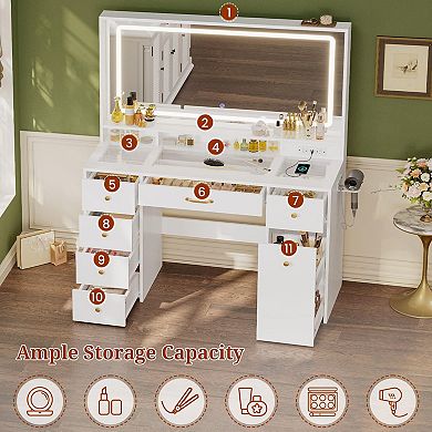 49.3" LED Mirror Vanity Desk 6 Drawers Power Outlet Glass Top