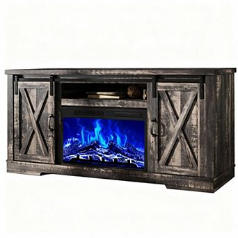Wood Grain TV Stand with 26" Fireplace, 4 Shelves, LED Flame, 63"W x 15.6"D x 30.7"H