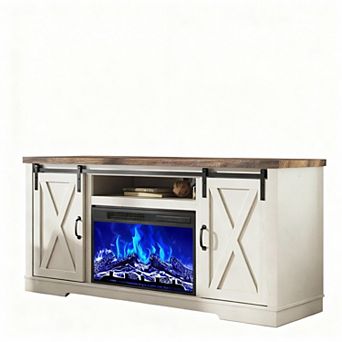 Wood Grain TV Stand with 26" Fireplace, 4 Shelves, LED Flame, 63"W x 15.6"D x 30.7"H