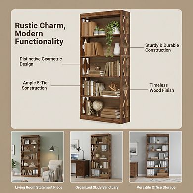 ZUQIETA 69.9" Vintage Bookcase, 5-Tier Tall Cutout Display Shelf for Living Room, Study & Office