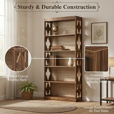 ZUQIETA 69.9" Vintage Bookcase, 5-Tier Tall Cutout Display Shelf for Living Room, Study & Office