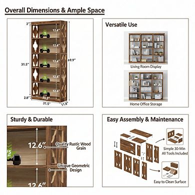 ZUQIETA 69.9" Vintage Bookcase, 5-Tier Tall Cutout Display Shelf for Living Room, Study & Office