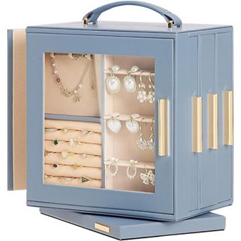 ZUQIETA 360 Rotating Jewelry Box with Mirror & 7 Drawers, Grey Blue Organizer