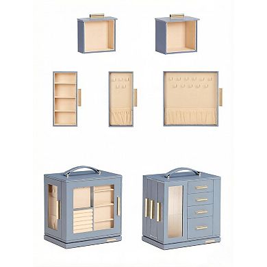 ZUQIETA 360 Rotating Jewelry Box with Mirror & 7 Drawers, Grey Blue Organizer