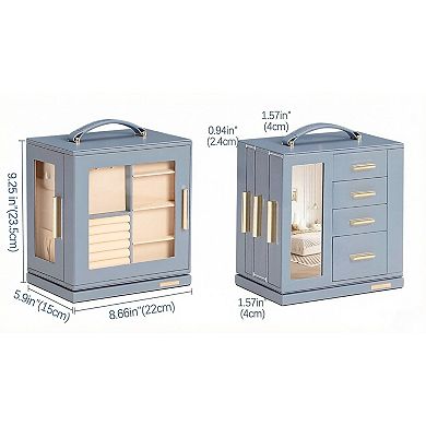 ZUQIETA 360 Rotating Jewelry Box with Mirror & 7 Drawers, Grey Blue Organizer