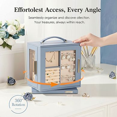 ZUQIETA 360 Rotating Jewelry Box with Mirror & 7 Drawers, Grey Blue Organizer