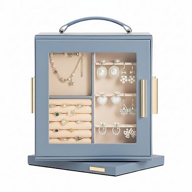 ZUQIETA 360 Rotating Jewelry Box with Mirror & 7 Drawers, Grey Blue Organizer