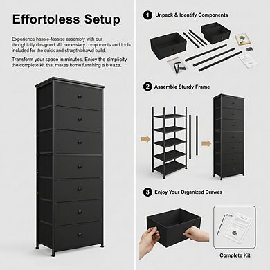 ZUQIETA Vertical Storage Dresser - 7-Drawer Fabric Tower with Steel Frame, Black