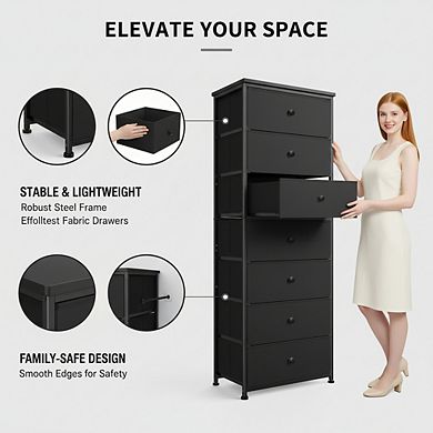 ZUQIETA Vertical Storage Dresser - 7-Drawer Fabric Tower with Steel Frame, Black