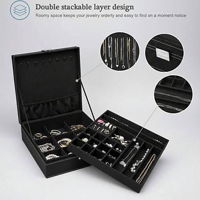 ZUQIETA 2-Layer Velvet Jewelry Organizer for Women, Black Display Storage Case