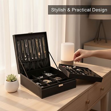 ZUQIETA 2-Layer Velvet Jewelry Organizer for Women, Black Display Storage Case