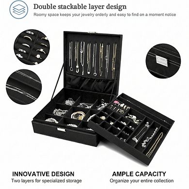 ZUQIETA 2-Layer Velvet Jewelry Organizer for Women, Black Display Storage Case
