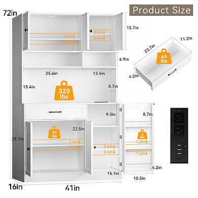 72-inch tall kitchen cabinet with storage, featuring LED lights, a charging station, and adjustable