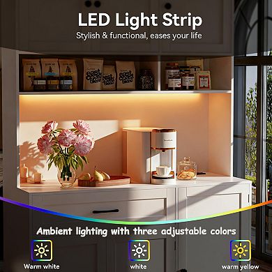 72-inch tall kitchen cabinet with storage, featuring LED lights, a charging station, and adjustable