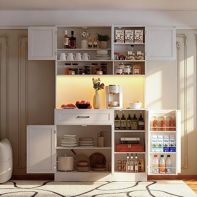 72-inch tall kitchen cabinet with storage, featuring LED lights, a charging station, and adjustable