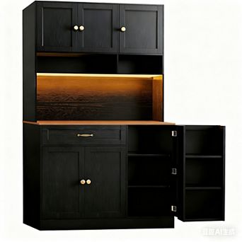 72-inch tall kitchen cabinet with storage, featuring LED lights, a charging station, and adjustable