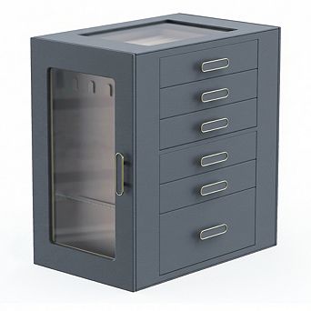 ZUQIETA 6-Layer Jewelry Organizer with Glass Lids & 5 Drawers, Grey Storage Box