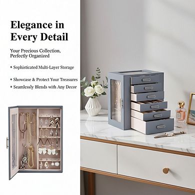 ZUQIETA 6-Layer Jewelry Organizer with Glass Lids & 5 Drawers, Grey Storage Box
