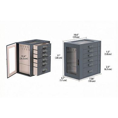 ZUQIETA 6-Layer Jewelry Organizer with Glass Lids & 5 Drawers, Grey Storage Box