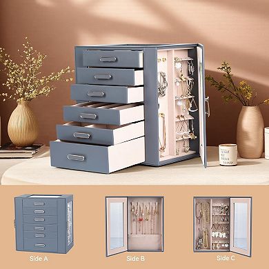 ZUQIETA 6-Layer Jewelry Organizer with Glass Lids & 5 Drawers, Grey Storage Box