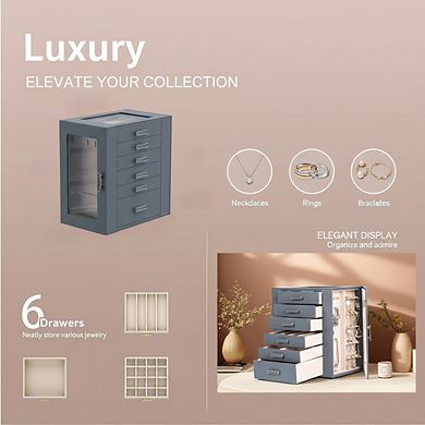 ZUQIETA 6-Layer Jewelry Organizer with Glass Lids & 5 Drawers, Grey Storage Box