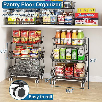 3-Tier Rolling Pantry Cart with Lockable Wheels for Kitchen