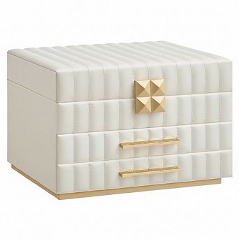 ZUQIETA 3 tier Jewelry Box with Mirror & 2 Drawers, Cloud White PU Organizer