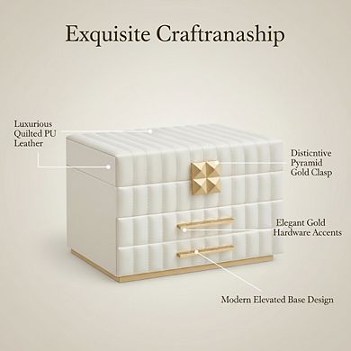 ZUQIETA 3-Tier Jewelry Box with Mirror & 2 Drawers, Cloud White PU Organizer