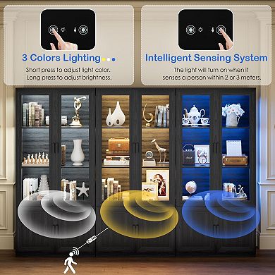 67" Tall Curio Cabinet with 3 Shelves, LED Lights, Magnetic Lock, Transparent Door