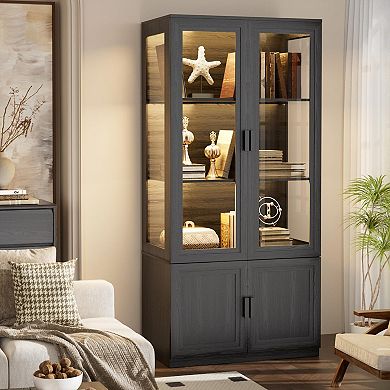 67" Tall Curio Cabinet with 3 Shelves, LED Lights, Magnetic Lock, Transparent Door