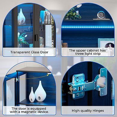 67" Tall Curio Cabinet with 3 Shelves, LED Lights, Magnetic Lock, Transparent Door