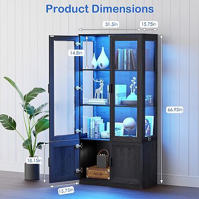 67" Tall Curio Cabinet with 3 Shelves, LED Lights, Magnetic Lock, Transparent Door