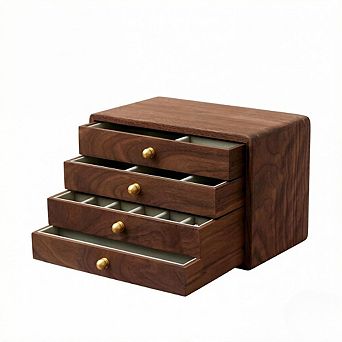 ZUQIETA Large Wooden Jewelry Box with 4 Velvet Drawers & Brass Handles, Black Walnut