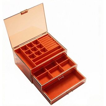 ZUQIETA 3 tier Large Glass Jewelry Organizer with Velvet Lining & Copper Handles