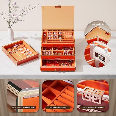 ZUQIETA 3-Tier Large Glass Jewelry Organizer with Velvet Lining & Copper Handles